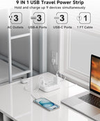 Beeiker Short Extension Cord 1 Ft- 6 USB(3 USB C) Travel Power Strip with 24W USB Charging Station and 3 Outlets, 1Ft Small Flat Plug Extension Cord Surge Protector for Travel Home College Dorm 1625W