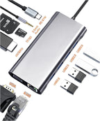 USB C Laptop Docking Station 11 in 1 Type-C Hub with HDMI,Ethernet,4 USB,VGA,SD TF Card Reader,Audio,PD Compatible with iPhone16/MacBook/Dell/Surface/HP/Lenovo and Other Type C Laptops