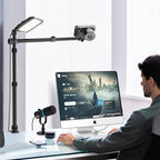 Ailight Overhead Camera Mount Desk Stand, 15.75"-33.45" Webcam Mount with 2-Section Adjustable Telescopic Boom Arm, C Clamp/Swiveling Ball Head for DSLR Camera, Phone Clip, Ring Light, Webcam