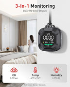 Portable Carbon Monoxide Detector Travel, Rechargeable 3-in-1 CO, Temperature & Humidity Meter, 240h Standby,Custom Alarm Thresholds, with Magnetic Back,for Hotel,Home,Camping for Car RV(Black)