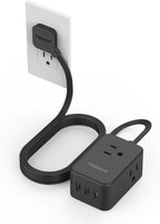 Flat Black Extension Cord, TESSAN Ultra Thin Power Strip with 3 USB Wall Charger (1 USB C), 3 Outlets Small Charging Station, 5 ft Slim Plug for Cruise Travel Office School Dorm Room Essentials