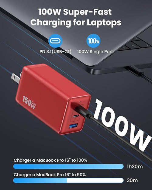 150W USB C Charger Block,GaN III Compact Foldable Wall Charger 3 Port Fast Charging Station,PD QC PPS Portable USB C Hub 100W Laptop Adapter for MacBook Pro/Air,iPad,iPhone 17/Pro,Galaxy S24,Dell etc