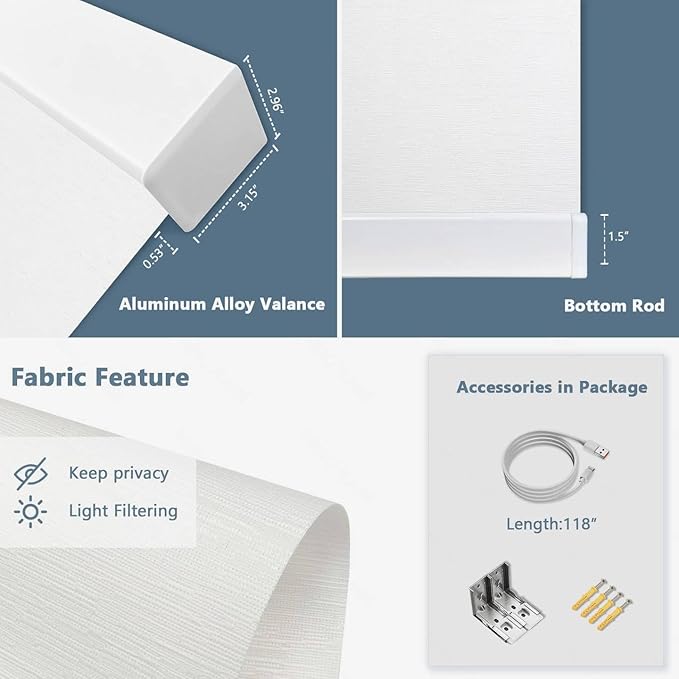 COOLWINDS Motorized Blinds with Remote Cordless Automatic Motorized Shades Custom Blinds for Windows Smart Curtains Compatible with Alexa Google Home(Light Filtering Jacquard White,W68 x H72in)