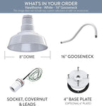 Steel Lighting Co. Hawthorne Barn Light | Outdoor Wall Mounted | 8 inch Dome | 16 inch Gooseneck| Small Farmhouse Light Made in America | White Exterior/White Interior