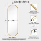 48"x16" Gold Door Mirror Full Length Over The Door with Non-Rusting Metal Frame, Modern Full Body Mirror Bedroom Closet Bathroom