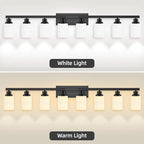 DIKAIDA 8-Light Bathroom Light Fixtures Over Mirror, 52inch Modern Matte Black Vanity Lights with White Frosted Glass Shade, Bathroom Wall Lamp Sconces for Mirror Bedroom, Living Room Hallway