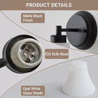 LOUSACE 2 Pack 1-Light Bathroom Vanity Lights Black Vintage Bathroom Lighting Fixtures with Opal White Glass, Set of 2 Single Vanity Wall Sconces for Side Mirror Cabinet Stairs Kitchen Living Room