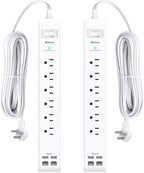 2 Pack Power Strip Surge Protector, Flat Plug Extension Cord with 4 USB Ports(2 USB-C) 6 AC Outlets, USB Charging Station, Wall Mountable for Home, Office, Dorm Essentials, 1080J, ETL Listed