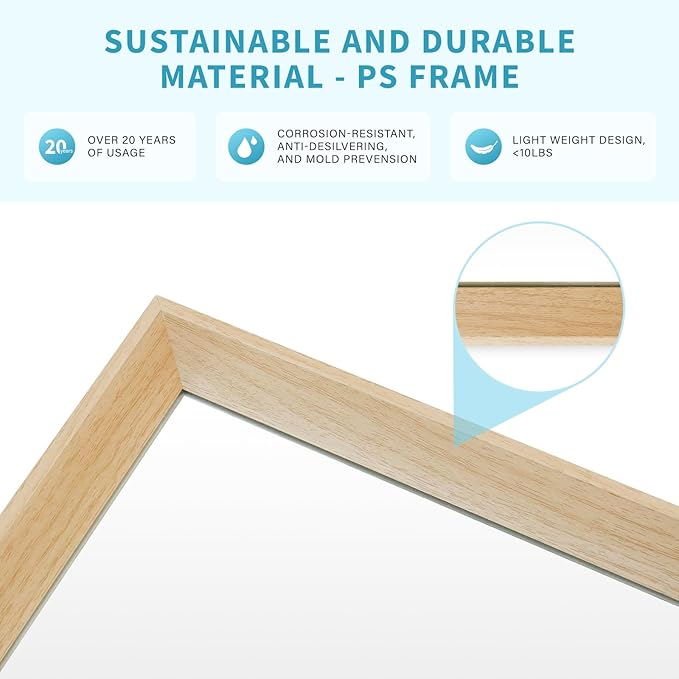 Oak Wood Effect Framed Wall Mirror, 30x48 Rectangle Mirror, Anti-desilvering Tempered Glass, Sustainable&Sturdy Frame, Anti-Rust, HD Reflection &3min Fast Setup for Bathroom Living Room
