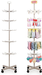 Exttlliy Retail Display Stand Store Display Rack 5 Tier Metal Spinning Display Stand Rack with Wheels Keychain Jewelry Stocking Hat Display Stand with Hooks for Malls, Showroom, Retail Store (Grey)