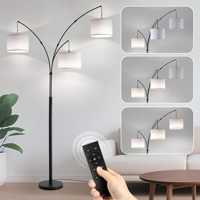 Fansdrick Floor lamp with Remote, 3 Light Arc Floor Lamps for Living Room, 2400LM Tall Standing Floor Lamps with White Shades, 80" Large Floor Lamp for Bedroom, Office