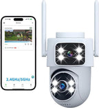 DZCCTVIPC Dual-Lens 2K Smart Indoor/Outdoor Security Camera, 5GHz Wi-Fi, 360° AI Motion Tracking,Color Night Vision,IP65 Weatherproof, 2-Way Audio,24/7 Recording,Works with Alexa & Google (No SD Card)