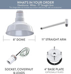 Steel Lighting Co. Hawthorne Barn Light | Outdoor Wall Mounted | 8 inch Dome | 11 inch Straight Arm| Small Farmhouse Light Made in America | White Exterior/White Interior