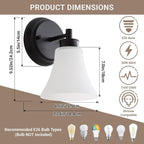 LOUSACE 2 Pack 1-Light Bathroom Vanity Lights Black Vintage Bathroom Lighting Fixtures with Opal White Glass, Set of 2 Single Vanity Wall Sconces for Side Mirror Cabinet Stairs Kitchen Living Room