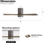 WINGBO 48 Inch Flush Mount DC Ceiling Fan with Lights and Remote, 5 Reversible Carved Wood Blades, 6-Speed Noiseless DC Motor, Hugger Ceiling Fan in Graphite Finish with Gray Blades, ETL Listed