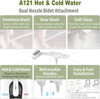 APURE BIDET A121 - Hot and Cold Water Bidet Attachment for Toilet Seat - Dual nozzle - Rear and Feminine Wash- Selfcleaning- Adjustable Water Pressure Non-Electric Bidet Toilet Seat Attachment