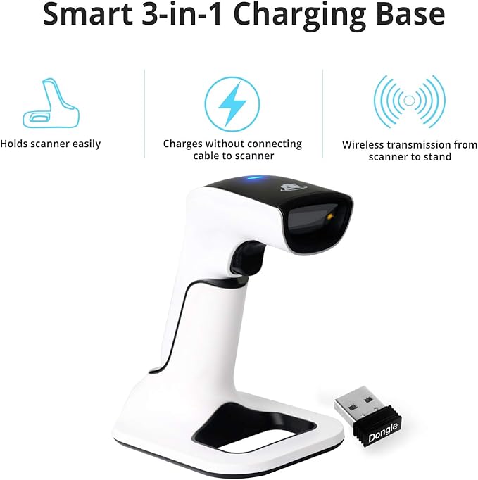ScanAvenger Wireless Portable 1D&2D with Stand Bluetooth Barcode Scanner: 3-in-1 Handheld Scanner, Rechargeable Battery for Inventory - USB Bar Code/QR Reader (1D&2D with Next Gen Stand)
