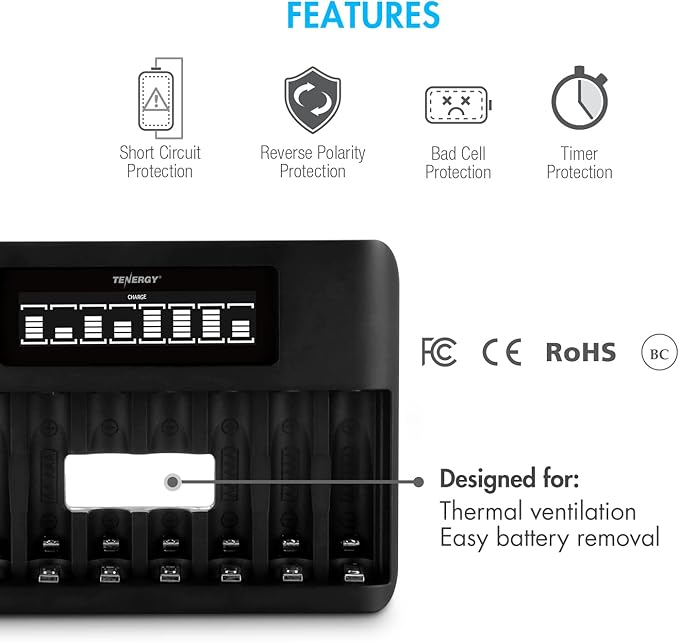 Tenergy TN480U 8-Bay LCD Display Fast Charger for NiMH/NiCD AA AAA Rechargeable Batteries with 8pcs 1000mah AAA Rechargeable Batteries