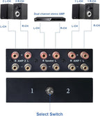 2-Way Audio Switcher Can Support Two Amplifiers, One Audio or One Amplifier, Speaker Switcher Selector Switch Splitter Loudspeaker Control Combiner Box 2(1)-in-1(2)-Out