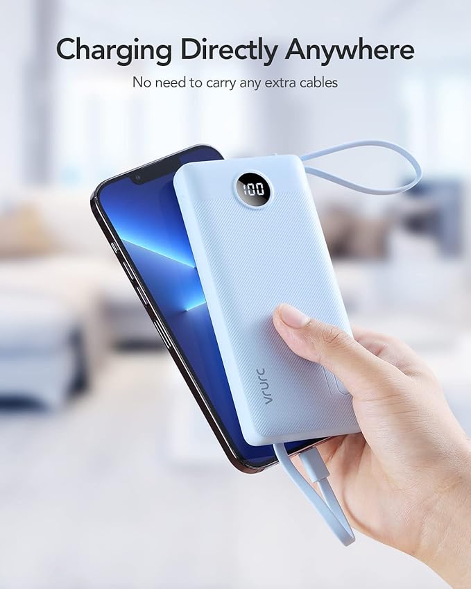 VRURC 10000mAh Power Bank Built-in Cables, Portable Charger with LED Display, Slim Travel Battery Pack with Cords, 5 Output Dual Input Phone Charger for Cell Phone Smart Devcies-Blue(1 Pack)