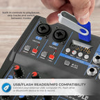 Pyle Professional Audio Mixer Sound Board Console System- Interface 4 Channel Digital USB Bluetooth MP3 Computer Input 48V Phantom Power Stereo DJ Studio Streaming FX 16-Bit DSP Processor- PMXU43BT.5