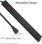 HHSOET Metal 8 Outlet Mountable Power Strip, Wall Mount Outlet Heavy Duty, Wide Spaced Commercial Shop Power Strip with Switch, 15A 125V 1875W, 6 FT SJT 14AWG Power Cord.(Black)