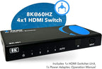 OREI 8K 4x1 HDMI 2.1 Switch 4K @ 120hz Switcher 4 in 1 Out, Support HDR, HDR10, Dolby Vision, HLG 48Gbps for Xbox Series X PS5 Roku Fire TV Monitor Projector Dolby