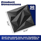 Art3dwallpanels 50 Pack 3D Wall Panel Diamond for Interior Wall Décor, PVC Flower Textured Wall Panels for Living Room Lobby Bedroom Hotel Office, Black, 12''x12''