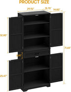 72" Kitchen Pantry Storage Cabinet, Farmhouse Style With Adjustable Shelves, Large Capacity Drawer, Freestanding Cupboard for Kitchen, Dining Room, Living Room, Black