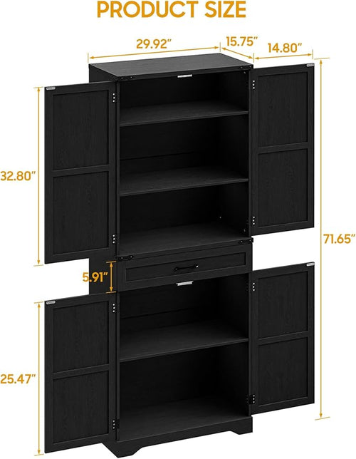 72" Kitchen Pantry Storage Cabinet, Farmhouse Style With Adjustable Shelves, Large Capacity Drawer, Freestanding Cupboard for Kitchen, Dining Room, Living Room, Black