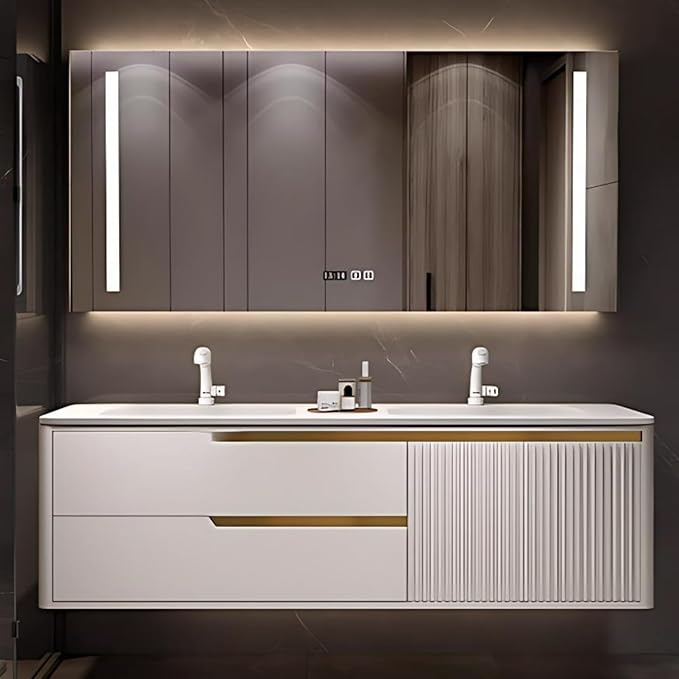 Bathroom Vanity with Double Sink - Smart Defogging Mirror & LED Lights on Both Sides, Floating Bath Sink Cabinet | 2 Drawers, Wave Shaped Panel (White, 88IN)