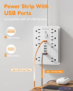 Bawmwim Surge Protector Power Strip - 8 Outlets(1850W/15A) with 6 USB Ports（2 USB C, 10FT Flat Plug Extension Cord, Wall Mount Multi Plug Outlet Extender, ETL Listed for Home, Dorm Room, White