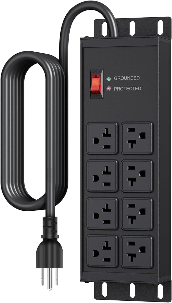 JUNNUJ Heavy Duty 20 Amp Surge Protector 4800J, Garage Metal 8 Outlets 12 Gauge, High Amp 5-15P Adapter Shop 6-20R T-Slot Industrial Outlet, 10 FT Extension Cord Commercial for Appliance
