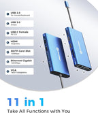 UtechSmart 11 in 1 Docking Station, Triple Monitors USBC Laptop Docking Station with 2 HDMI, VGA, PD3.0, SD TF Card Slot, 4 USB Ports USB-C Adapter Compatible for MacBook & Windows(Blue)