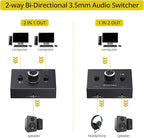 PROZOR 3.5mm Audio Bi-Directional Switcher - 2(1)-in-1(2)-Out 3.5mm Stereo Audio Switch Splitter 2 x 1/1 x 2, with Mute Button and No External Power Required