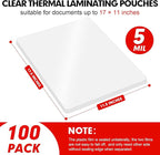 RAZCC Laminating Sheets, 100 Pack Clear Thermal Laminating Plastic Paper Laminator Sheets, 11 x 17-Inch, 5mil, Ideal Office or School Supplies
