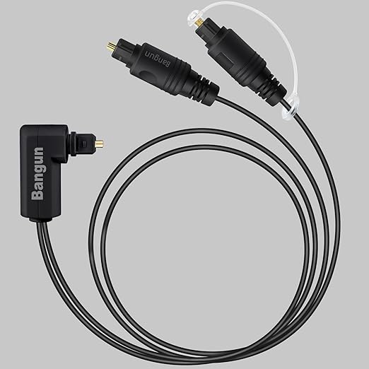 Bangun 90 Degree Optical Audio Splitter 1 in 2 Out Cable, Digital Toslink Fiber Optical Splitter Audio Adapter Cable (1 Male Input 2 Male Output) for TV, Soundbar, 3ft