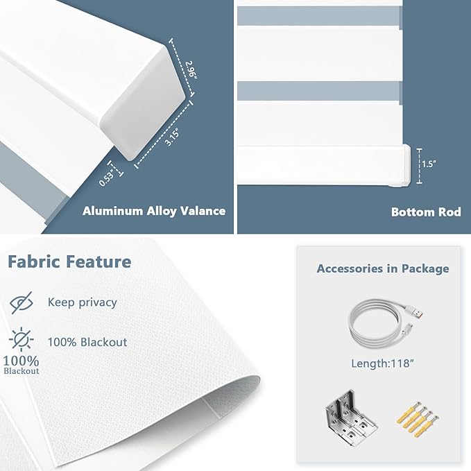 COOLWINDS Motorized Zebra Blinds for Windows Cordless Electric Curtains with Remote Control Blackout Shades Custom Smart Blinds Compatible with Alexa Google Home(Blackout White,W21 X 72in)