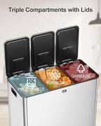 Garvee Trash Can, 24 gal Triple Compartments (3X30 L) Stainless Steel Kitchen Trash Can for Recycling, 8+8+8 gal Plastic Inner Buckets, Quiet Close, Brushed, Airtight, Silver