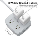 10 Ft Surge Protector Power Strip - 8 Widely Outlets with 4 USB Ports, 3 Side Outlet Extender with 10 Feet Extension Cord, Flat Plug, Wall Mount, Desk USB Charging Station, ETL, Grey