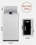TLSUNNY 18.5 Gallon Motion Sensor Trash Can,Touchless Automatic Garbage Can,Brushed Stainless Steel Smart Bin,with Bag Holder,Soft Close Lid,for Kitchen,Office,RV,Bedroom,Living Room (Silver, 70L)