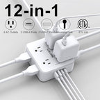 10Ft Surge Protector Power Strip - CHCORE Flat Plug Extension Cord with 8 Outlets and 4 USB Ports(2 USB C), 3 Side Wall Mount Outlet Extender for Home Dorm Room Essentials, ETL Listed, White