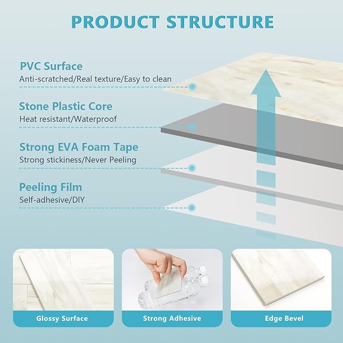 Vamos Tile 100-Piece Glossy Wooden Marble Grain Peel and Stick Backsplash Tile,3''x6'' PVC Subway Tile with White Grout, Stick on Backsplash for Kitchen/Bathroom/Fireplace