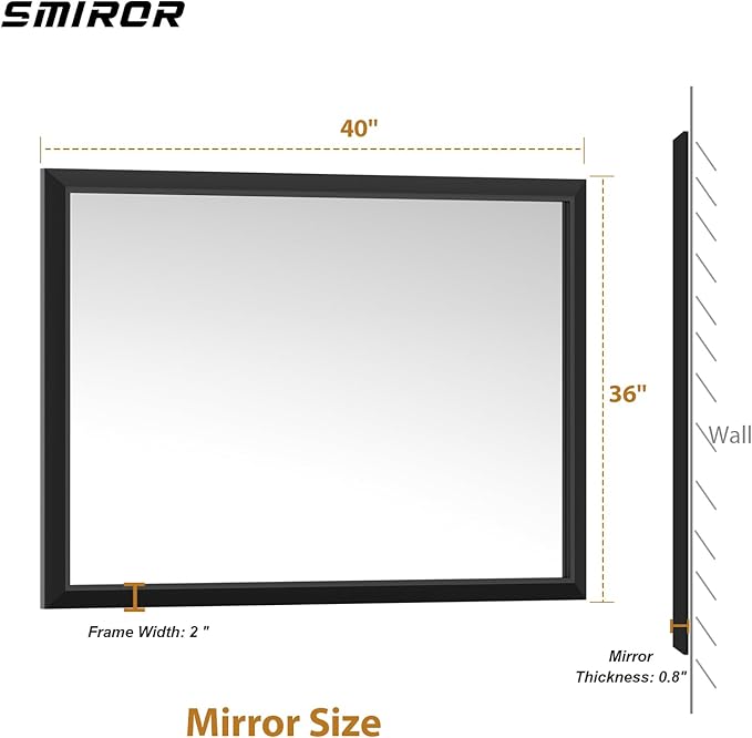 SMIROR Matte Black Bathroom Mirror for Over Sink 40x 36 inch, Metal Thick Frame Rectangle Vanity Mirror for Wall, Anti-Rust, Horizontally or Vertically Mounted