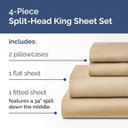 Split Head King Sheet Set – 4 Piece Flex Split Top King Sheets for Adjustable Beds - Fits 14” to 16" Mattress w/ Deep Pockets - Breathable & Cooling - Luxury Bedding and Wrinkle Free - Heathered Tan