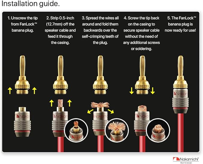 Nakamichi FanLock Excel Series 24k Gold Plated Banana Plugs 10 AWG - 18 AWG Gauge Size 4mm for Speakers Amplifier Hi-Fi Stereo Home Theatre Radio Audio Wire Cable Quick Connector 2 Pcs (1-Pair)