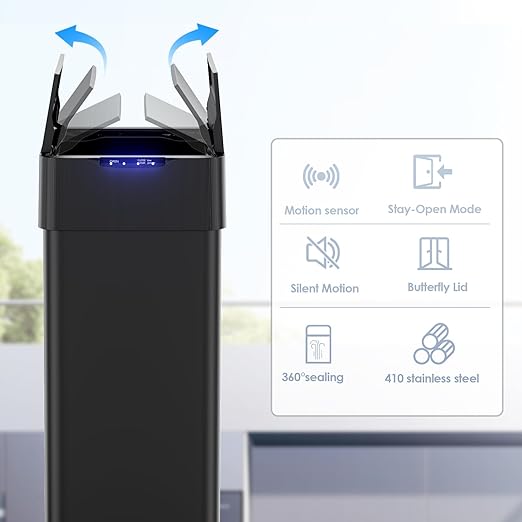 TLSUNNY 13.2 Gallon Automatic Trash Can, Stainless Steel Motion Sensor Garbage bin, Smart Trash Can W/Butterfly Lid, Bag Retainer Ring and Display Light for Living Room,Kitchen,Office (Black, 50L)