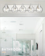 METWET Bathroom Light Fixtures, 5 Light Brushed Nickel Vanity Light, 32 Inch Modern Wall Sconces with Globe Clear Glass Shade, Vanity Lighting Fixtures Over Mirror, VL195-BN-CL-5