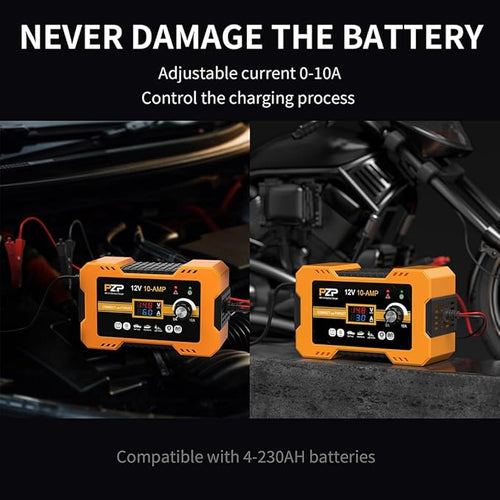 12V Automatic Car Battery Charger, 0-10A Arbitrarily Adjustable Smart Trickle Charger, Auto Desulfator with Battery Repair, Battery Maintainer with Winter Mode for AGM, Gel, Deep Cycle, Lead-Acid