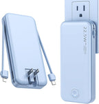 Nusyddy Portable Charger, 12000mAh 22.5W Fast Charging Power Bank with Built-in Cables & Wall Plug, Travel Essentials External Battery Pack, USB C Battery Phone Charger for iPhone, Samsung Light Blue